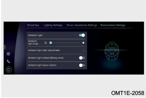 تصویر تنظیمات نورپردازی داخلی (Ambient Light) در نمایشگر مرکزی خودرو