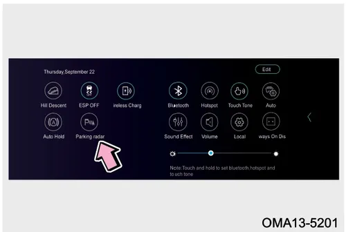 صفحه تنظیمات مانیتور خودرو و انتخاب گزینه Parking radar