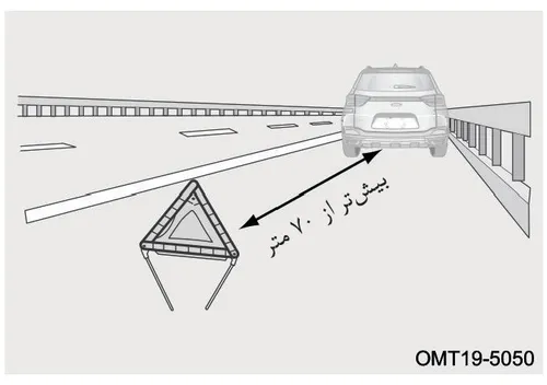 تصویر نحوه قرار دادن مثلث خطر در فاصله بیش از ۷۰ متر پشت خودرو