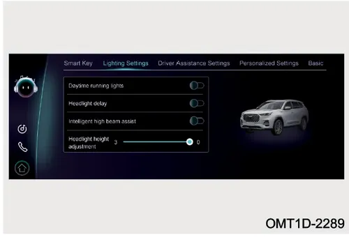 نمای تنظیمات بخش Lighting Settings در صفحه نمایش خودرو