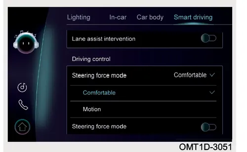 صفحه تنظیمات Driving control در نمایشگر خودرو
