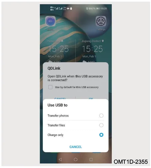 تصویر تنظیمات USB و پیغام QDLink بر روی گوشی موبایل