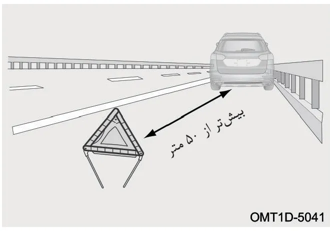تصویر شماتیک نحوه قرار دادن مثلث خطر در فاصله بیش از ۵۰ متری پشت خودرو