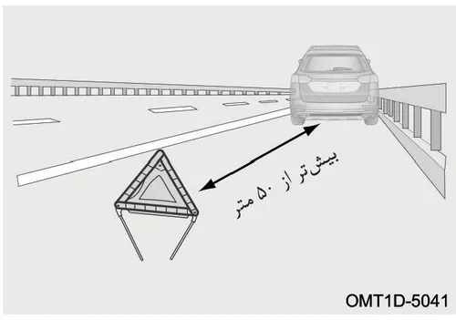 تصویر شماتیک نحوه قرار دادن مثلث خطر در فاصله بیش از ۵۰ متری پشت خودرو