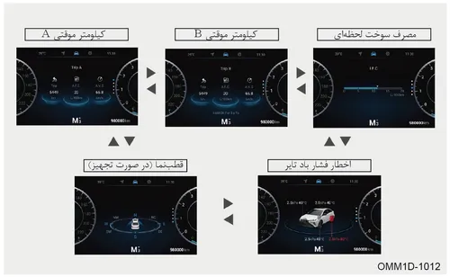 انواع منوهای صفحه نمایش اطلاعات رانندگی شامل مصرف سوخت، کیلومتر موقتی، اخطار فشار باد تایر و قطبنما