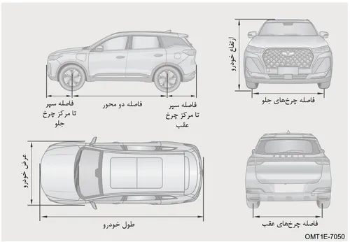 نمای چهارگانه خودرو شامل تصاویر جانبی، روبهرو، بالا و عقب به همراه جزئیات ابعاد و فواصل