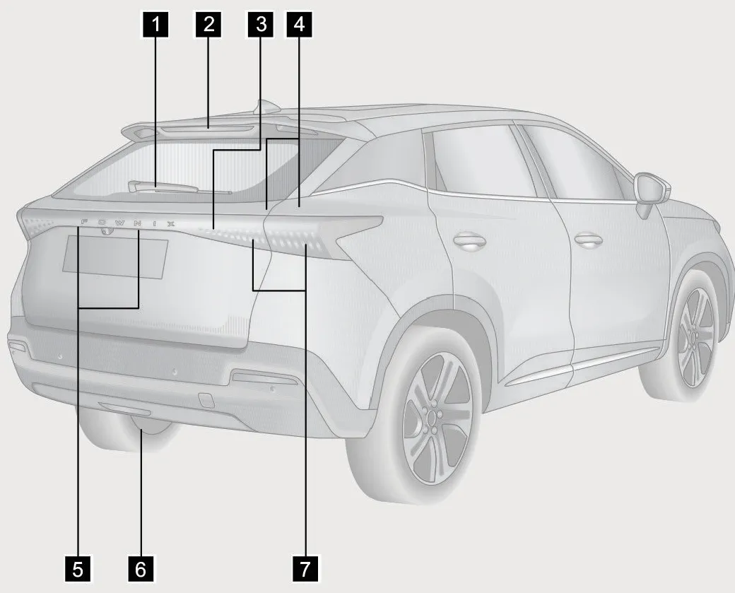 نمای عقب خودروی FOWNIX FX EV و محل قرارگیری چراغها و برفپاککن