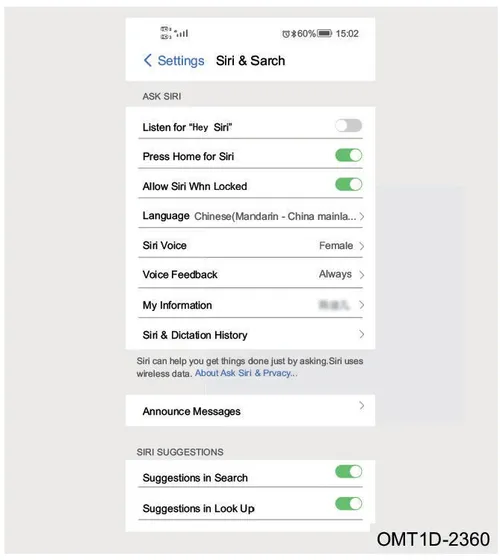 رابط کاربری تنظیمات Siri & Search در گوشی موبایل