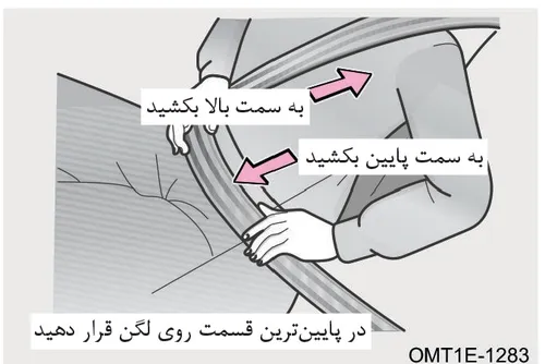 تصویر نحوه تنظیم و کشیدن نوار کمربند ایمنی روی بدن با فلشهای راهنما