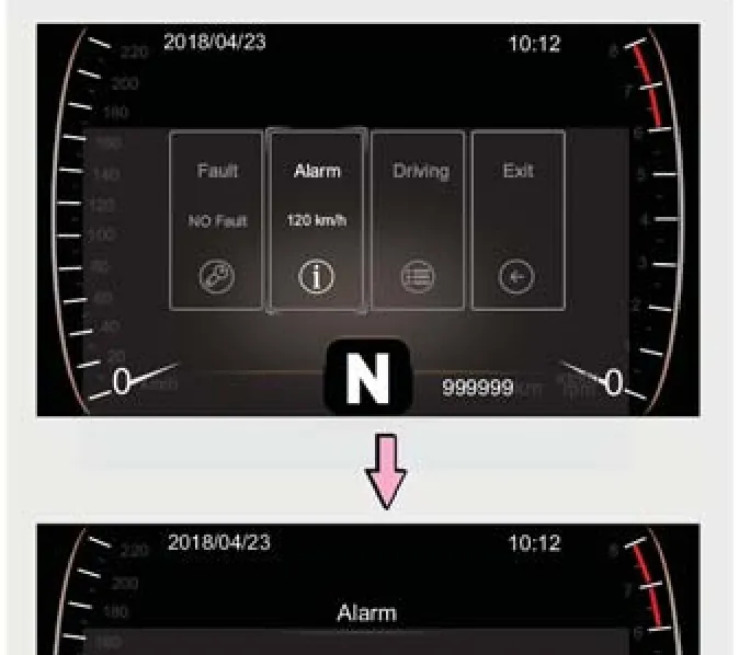 نمایشگر اطلاعات رانندگی X55 Pro Li در حالت انتخاب منوی Alarm