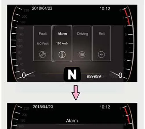 نمایشگر اطلاعات رانندگی X55 Pro Li در حالت انتخاب منوی Alarm