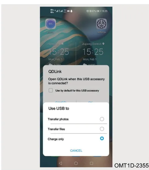 تصویر صفحه نمایش تلفن همراه و تنظیمات اتصال USB و برنامه QDLink